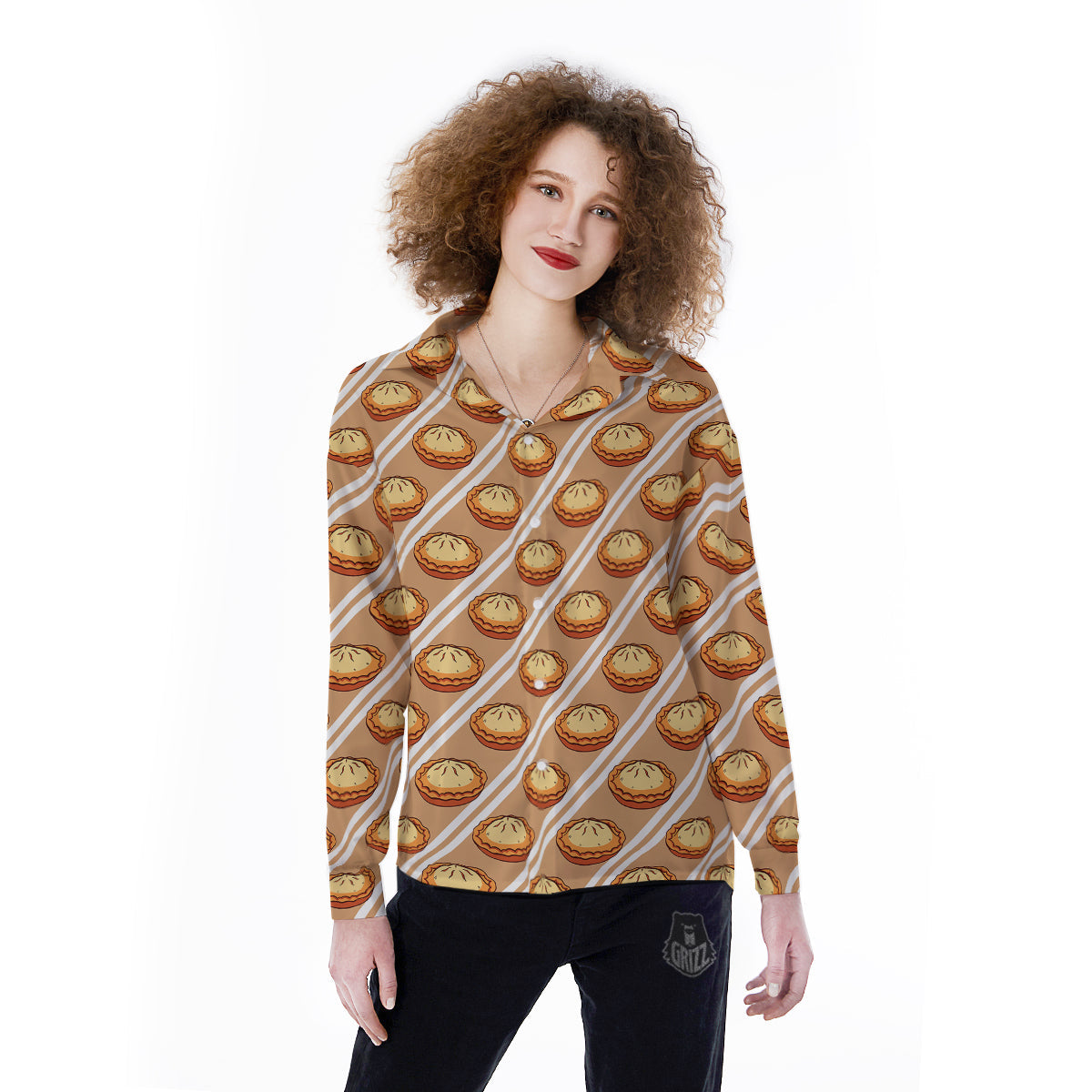 Brown Pie Crumble Print Pattern Women's Long Sleeve Shirts-grizzshop