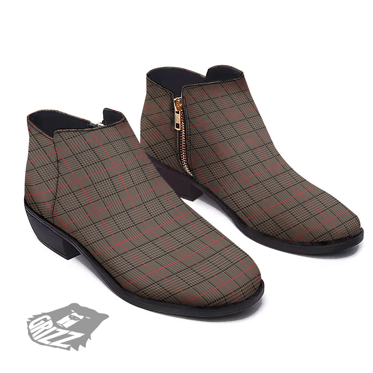 Brown Prince OF Wales Check Print Ankle Boots-grizzshop
