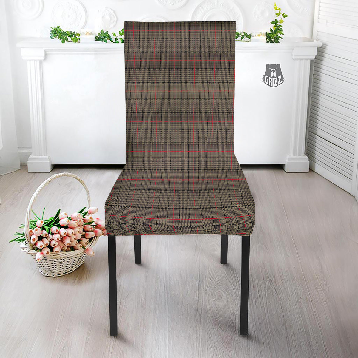 Brown Prince OF Wales Check Print Dining Chair Slipcover-grizzshop