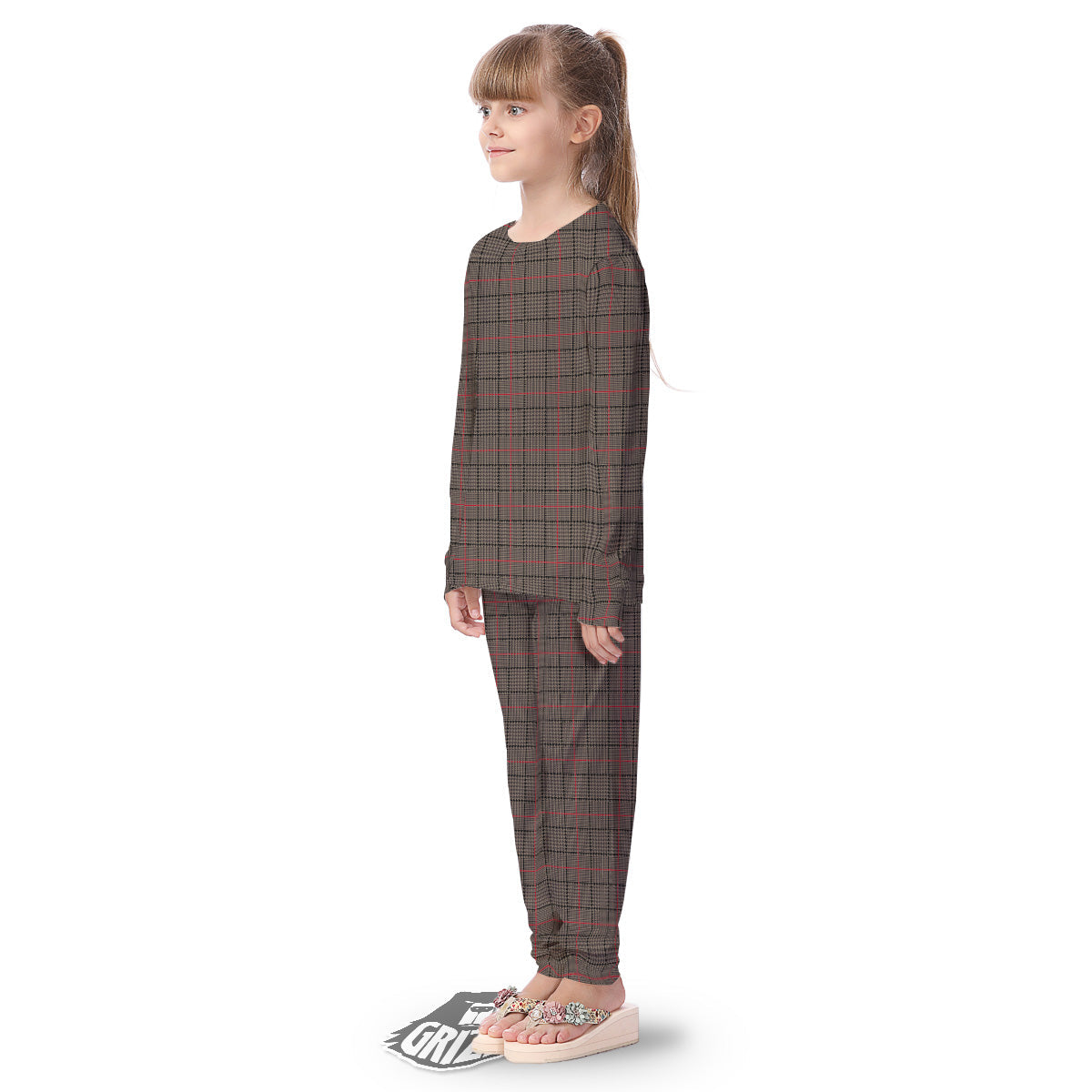 Brown Prince OF Wales Check Print Kid's Pajamas-grizzshop