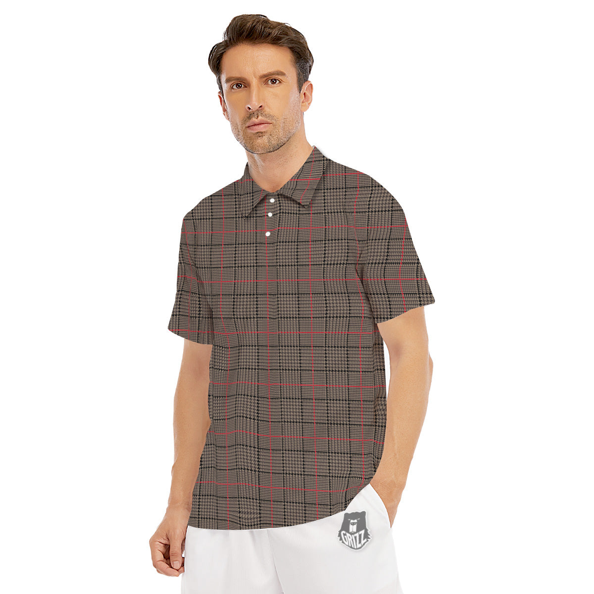 Brown Prince OF Wales Check Print Men's Golf Shirts-grizzshop
