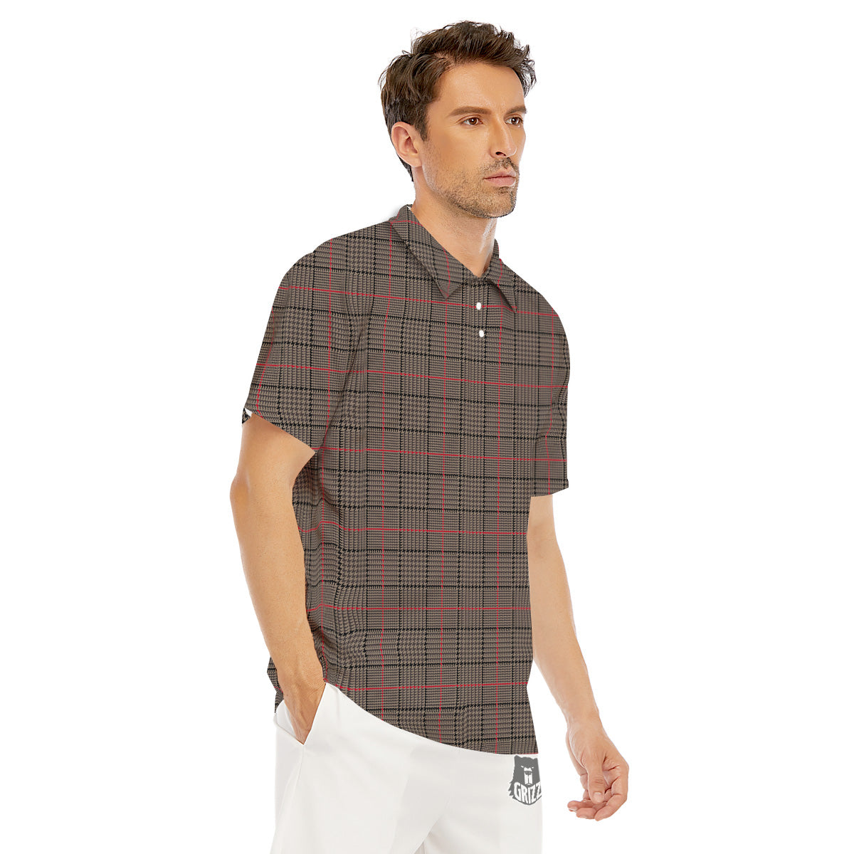 Brown Prince OF Wales Check Print Men's Golf Shirts-grizzshop