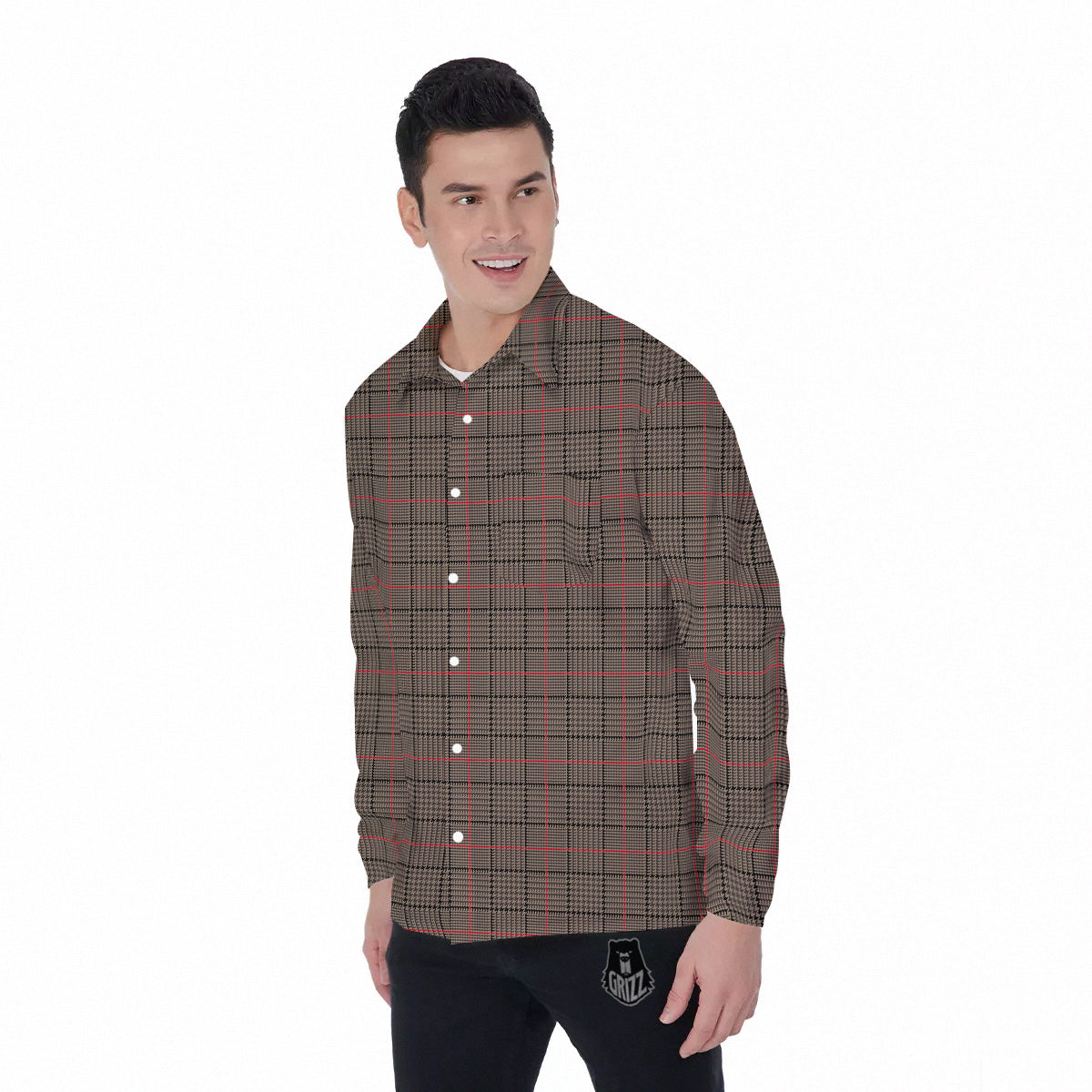 Brown Prince OF Wales Check Print Men's Long Sleeve Shirts-grizzshop