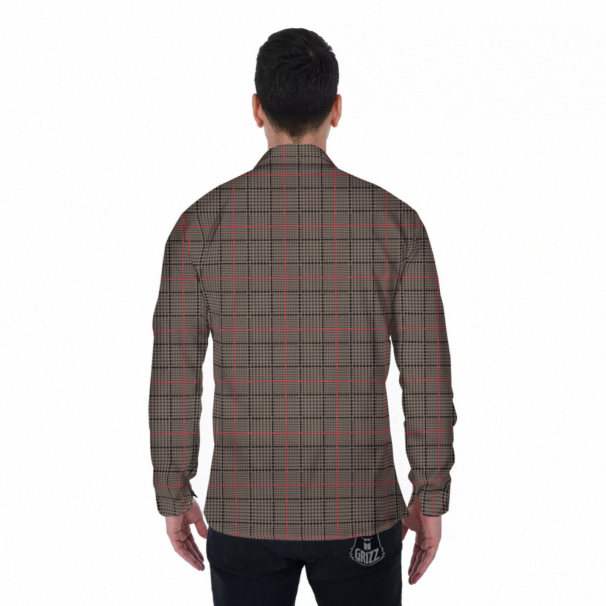 Brown Prince OF Wales Check Print Men's Long Sleeve Shirts-grizzshop