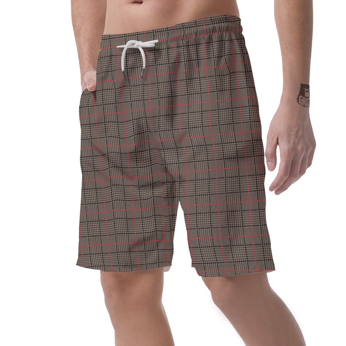 Brown Prince OF Wales Check Print Men's Shorts-grizzshop