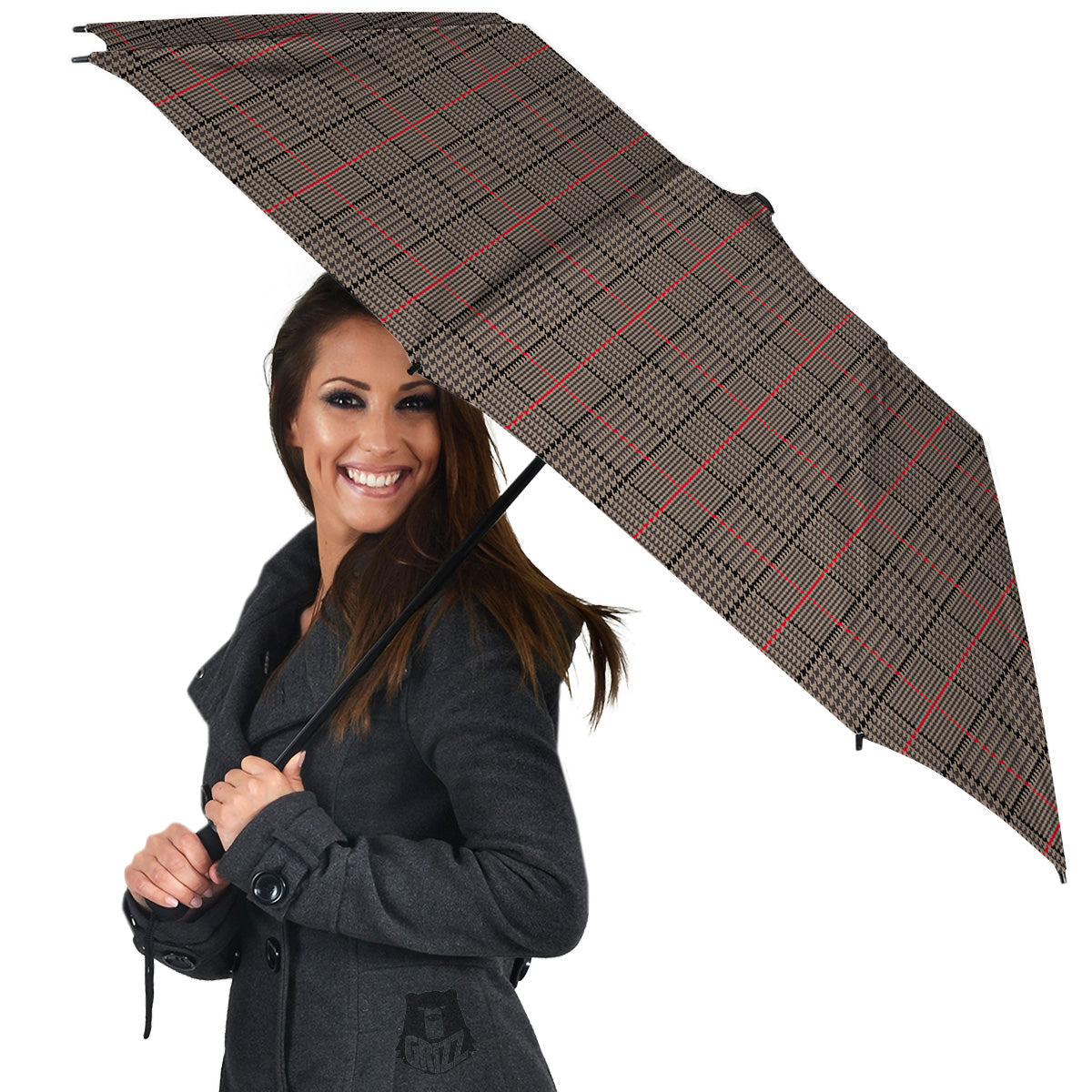 Brown Prince OF Wales Check Print Umbrella-grizzshop