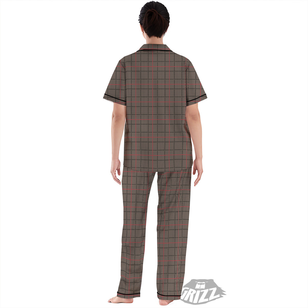 Brown Prince OF Wales Check Print Women's Pajamas Set-grizzshop