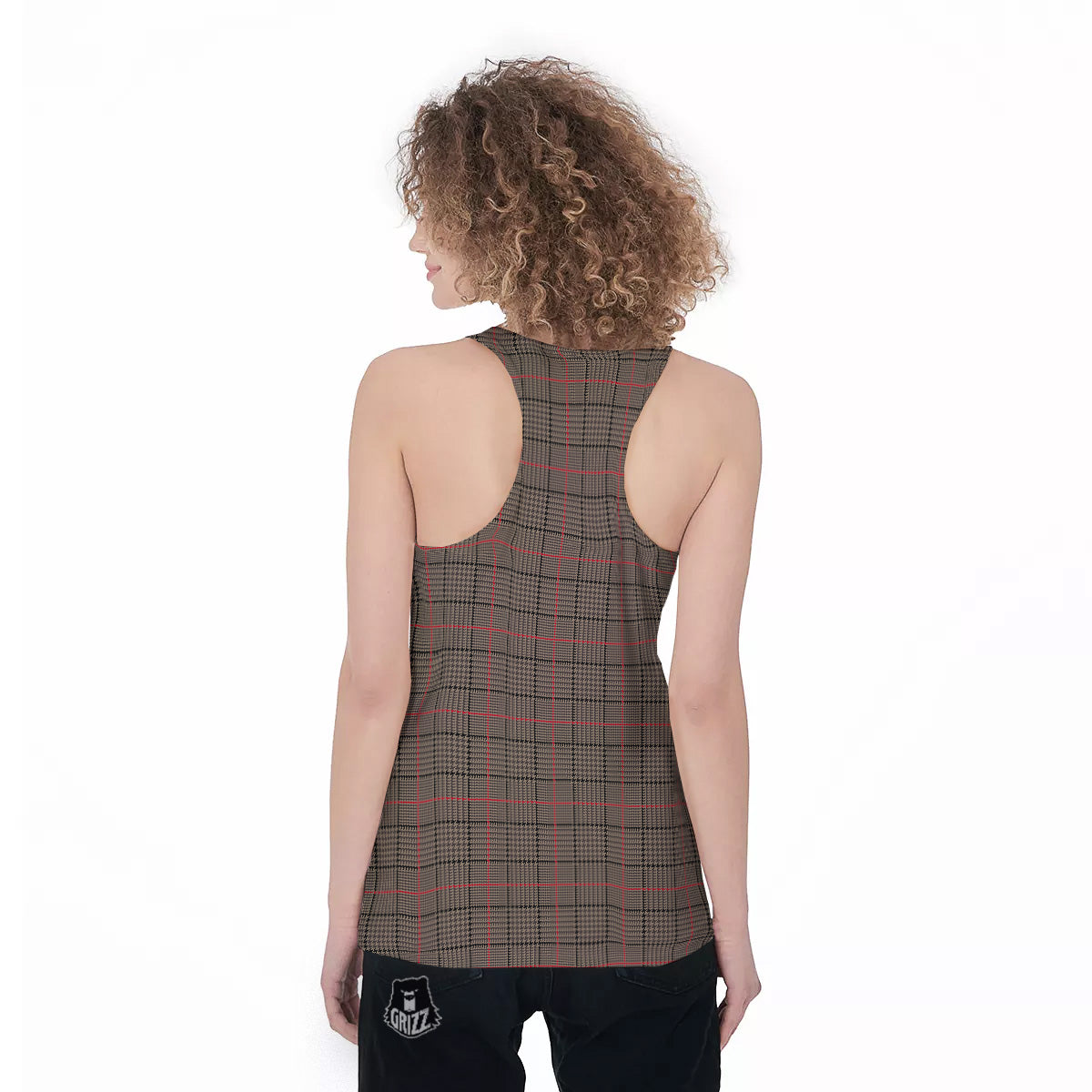 Brown Prince OF Wales Check Print Women's Racerback Tank Top-grizzshop