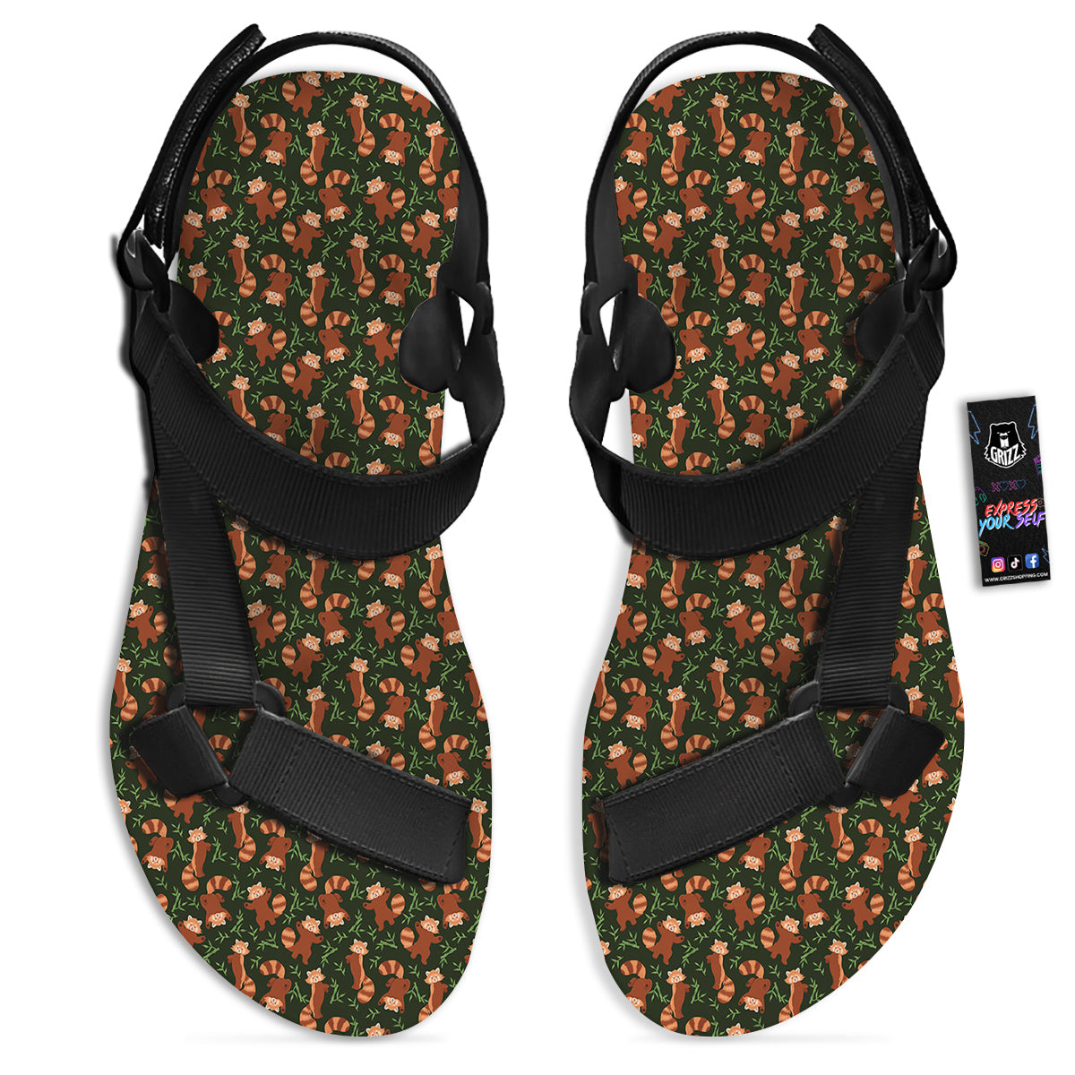 Brown Raccoon Cartoon Cute Print Pattern Black Open Toe Sandals-grizzshop