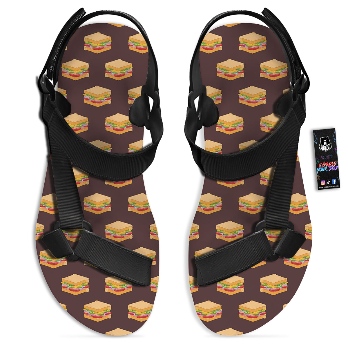 Brown Sandwich Print Pattern Black Open Toe Sandals-grizzshop