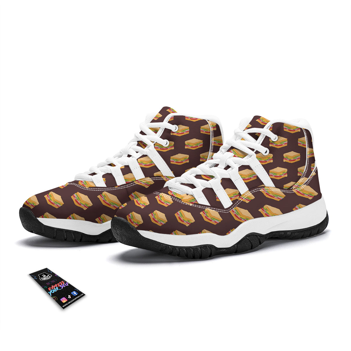Brown Sandwich Print Pattern White Bball Shoes-grizzshop