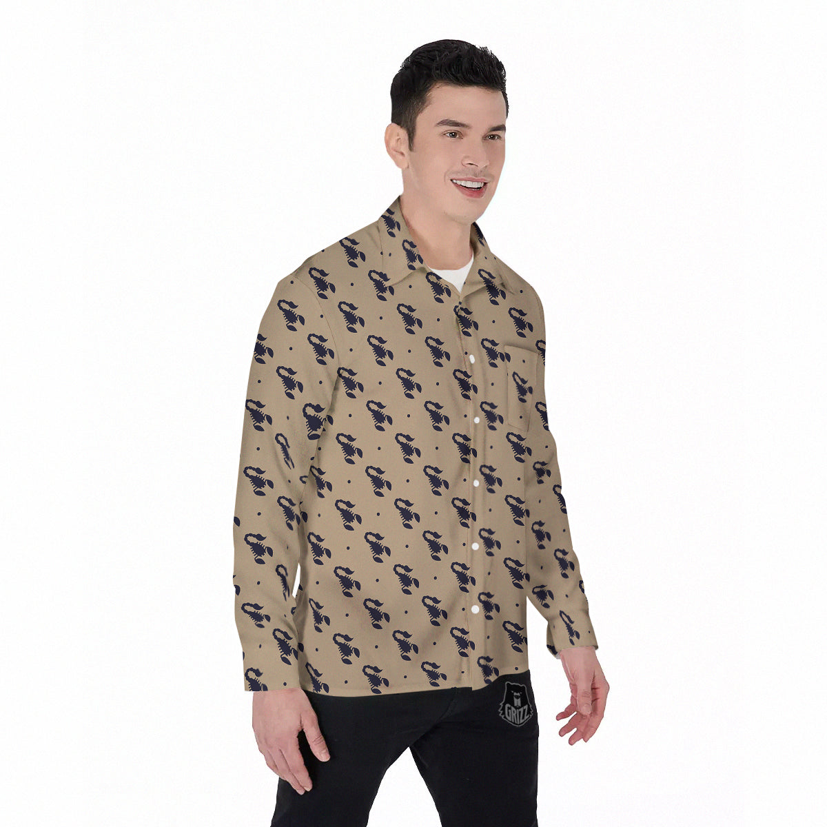 Brown Scorpion Print Pattern Men's Long Sleeve Shirts-grizzshop
