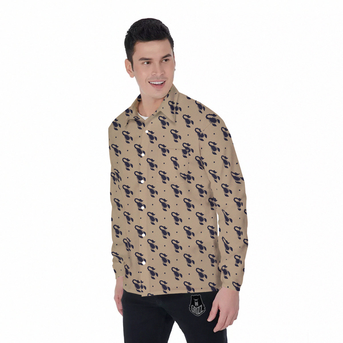 Brown Scorpion Print Pattern Men's Long Sleeve Shirts-grizzshop