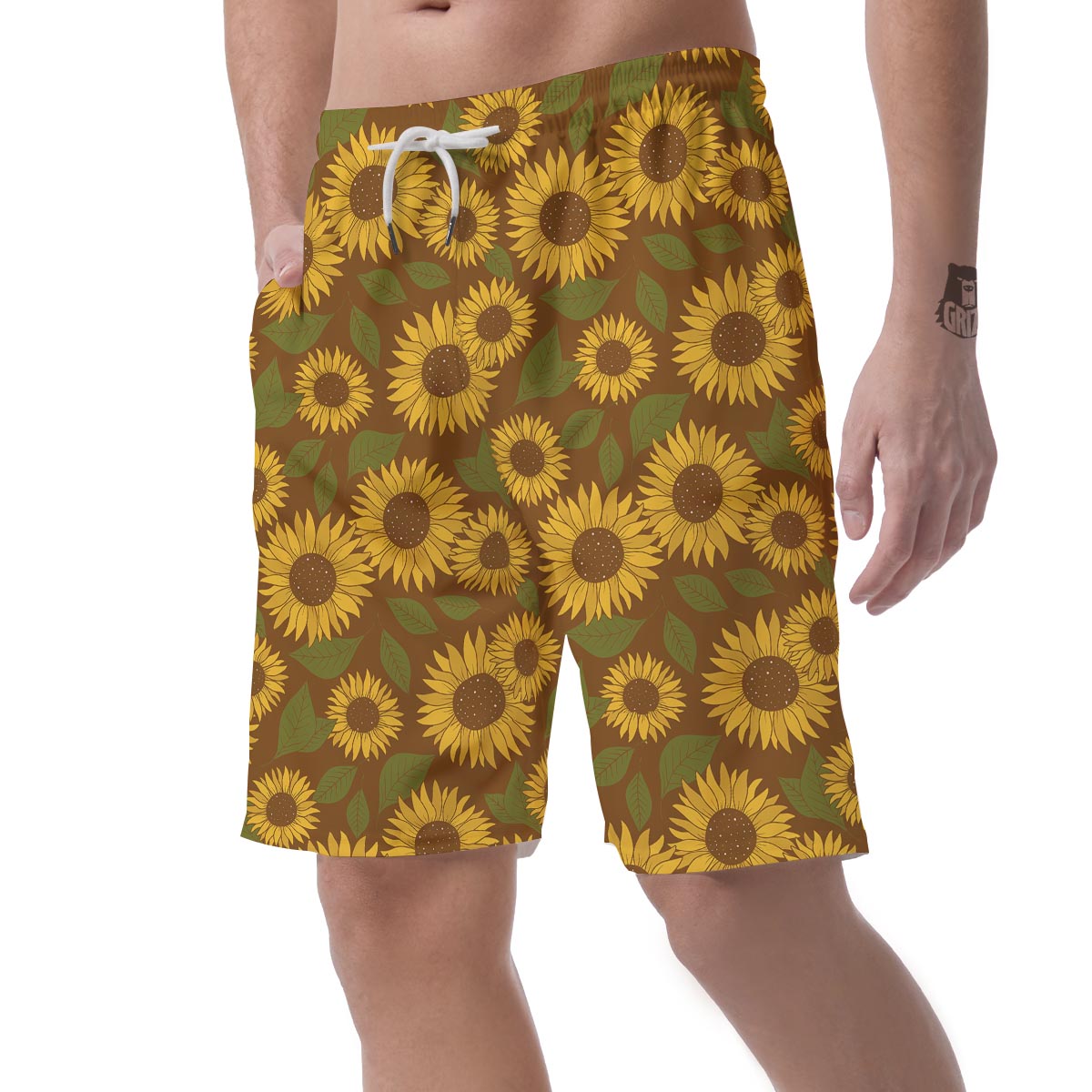 Brown Sunflower Print Men's Shorts-grizzshop