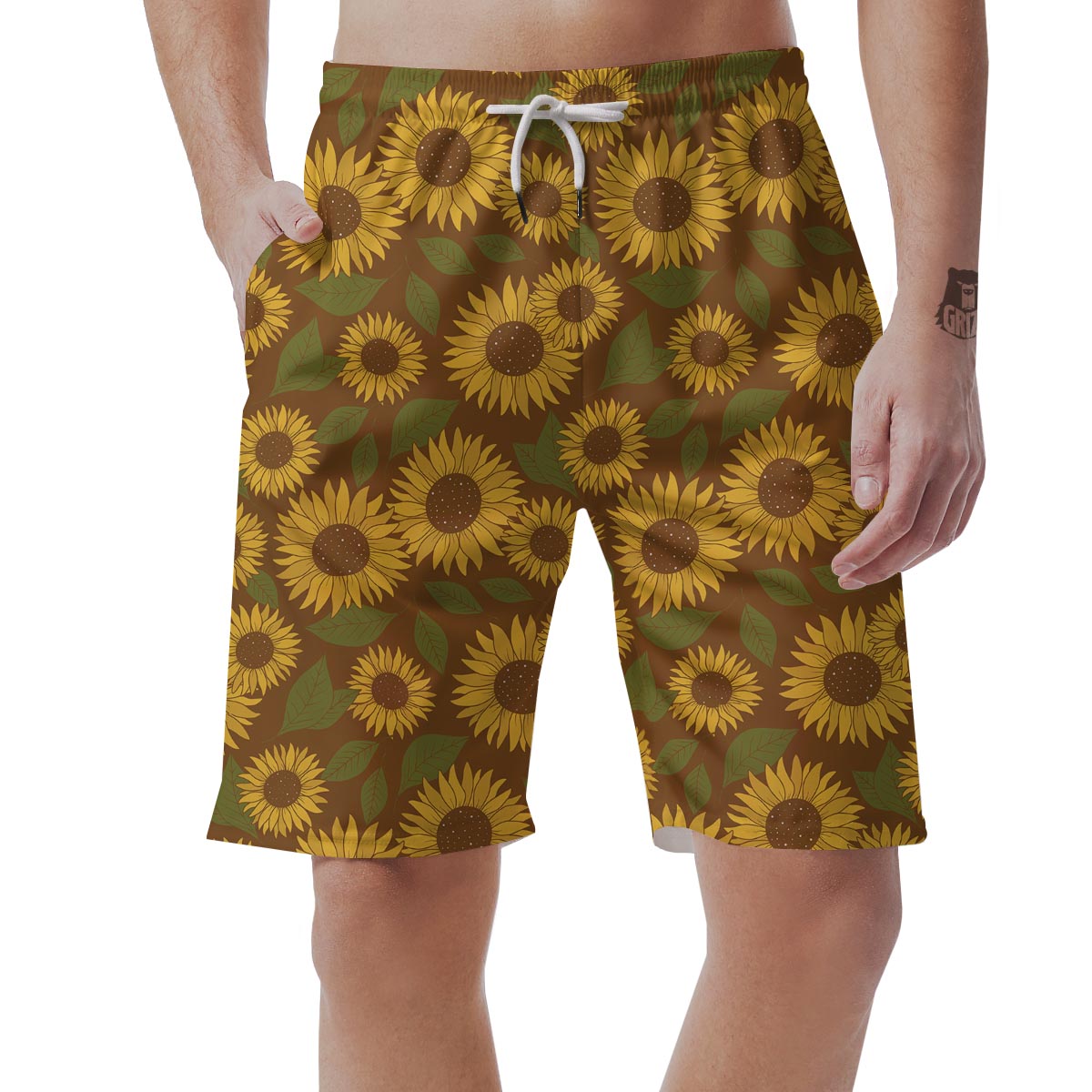 Brown Sunflower Print Men's Shorts-grizzshop