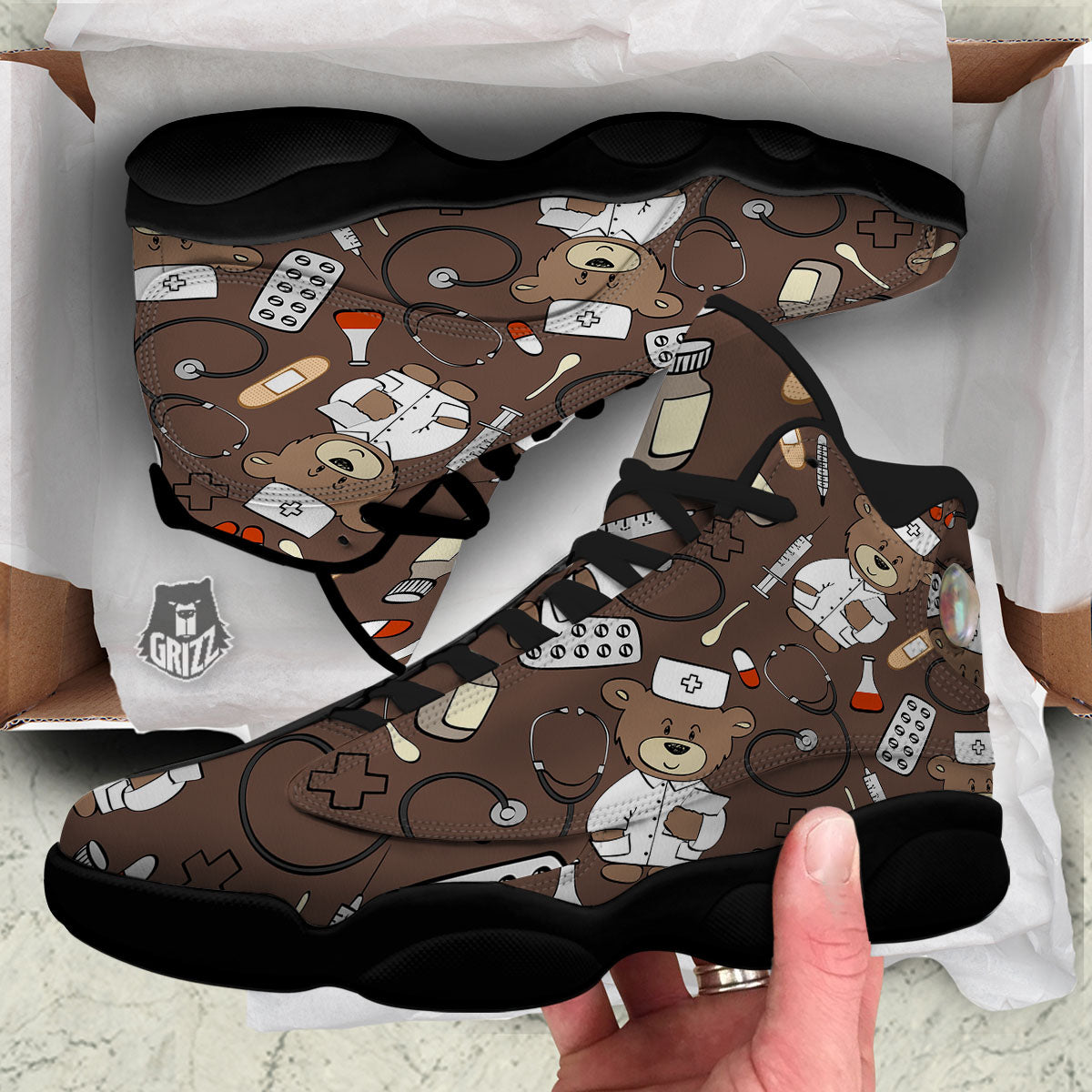 Brown Teddy Bear Nurse Black Basketball Shoes-grizzshop