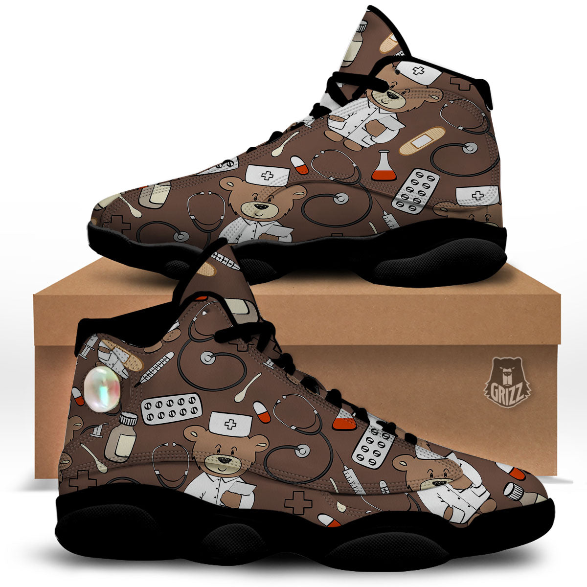 Brown Teddy Bear Nurse Black Basketball Shoes-grizzshop