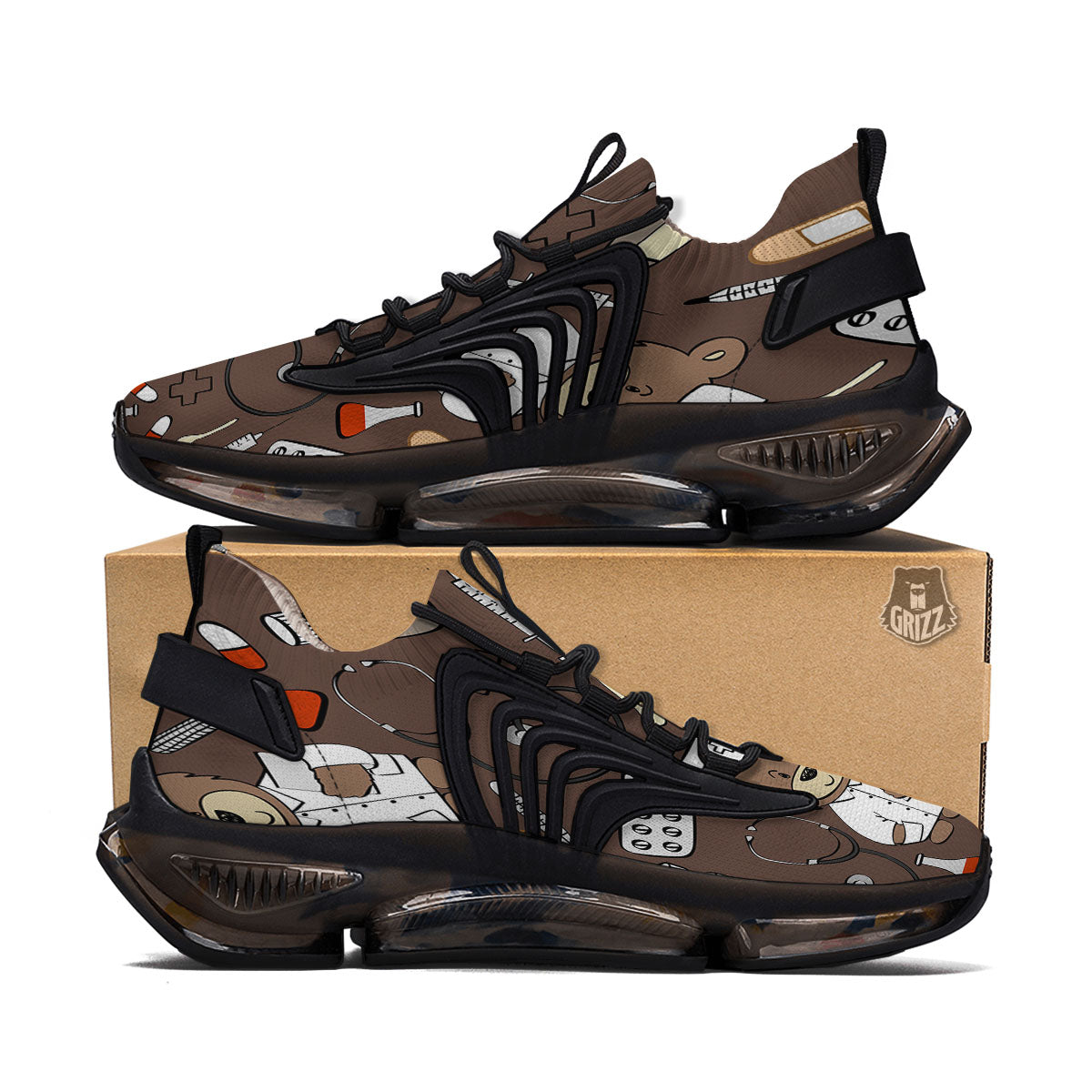 Brown Teddy Bear Nurse Black Gym Shoes-grizzshop