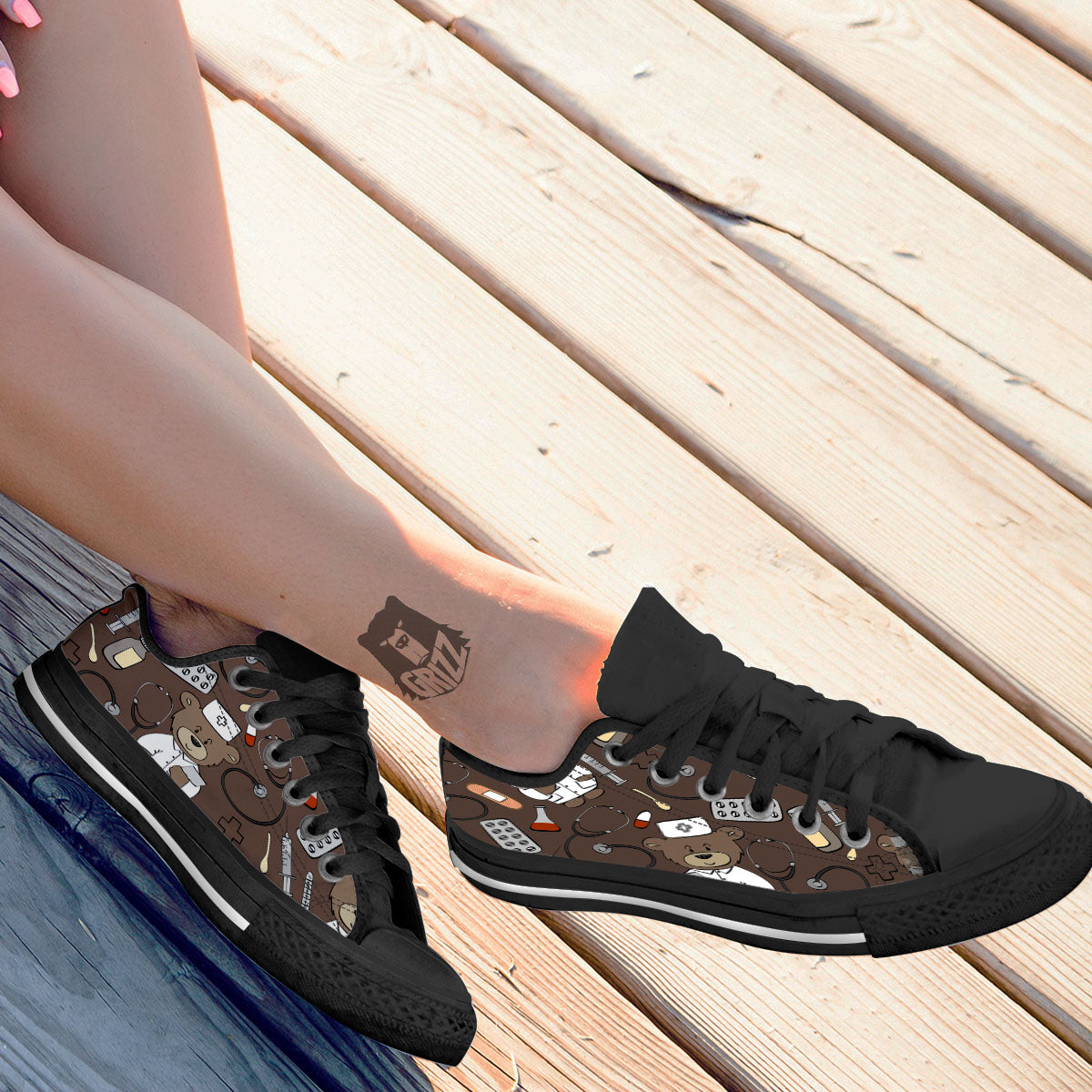 Brown Teddy Bear Nurse Black Low Top Shoes-grizzshop