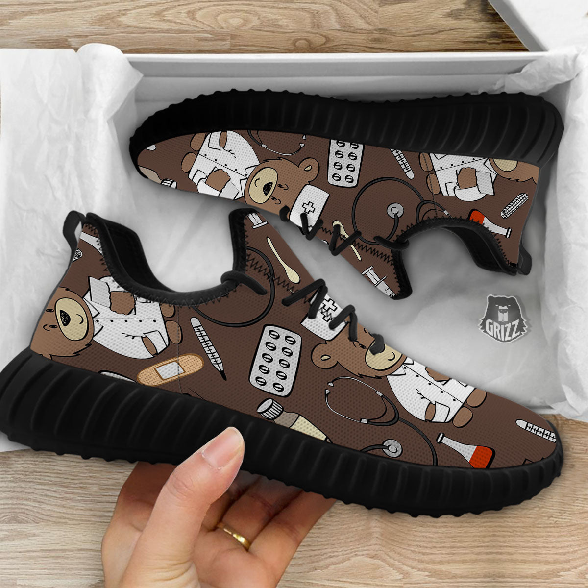 Brown Teddy Bear Nurse Black Walking Shoes-grizzshop