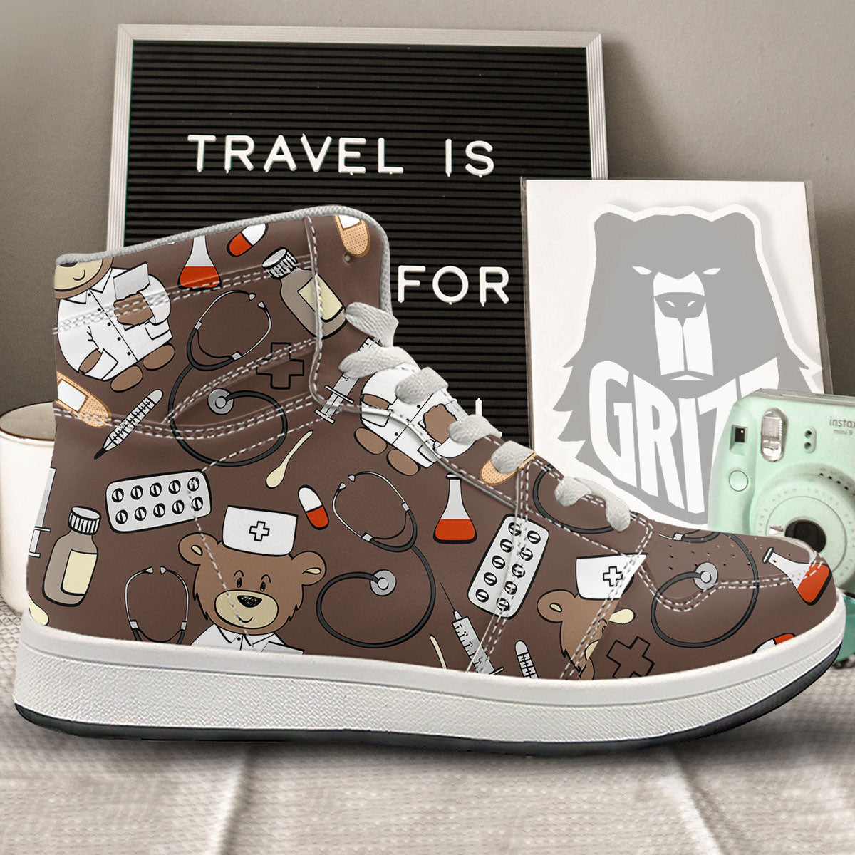 Brown Teddy Bear Nurse High Top Sneakers-grizzshop