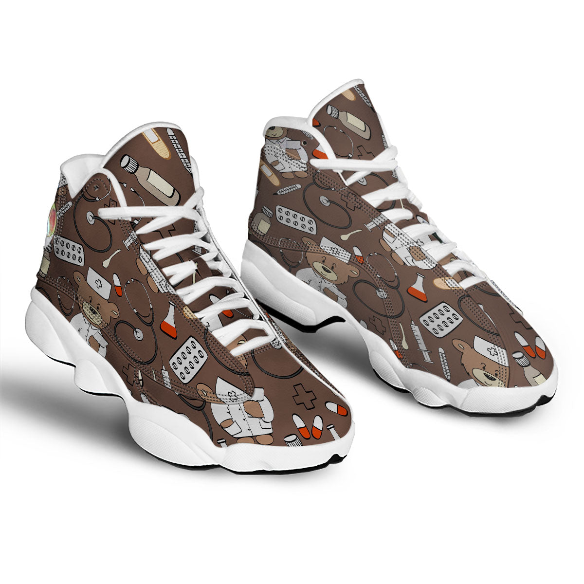 Brown Teddy Bear Nurse White Basketball Shoes-grizzshop