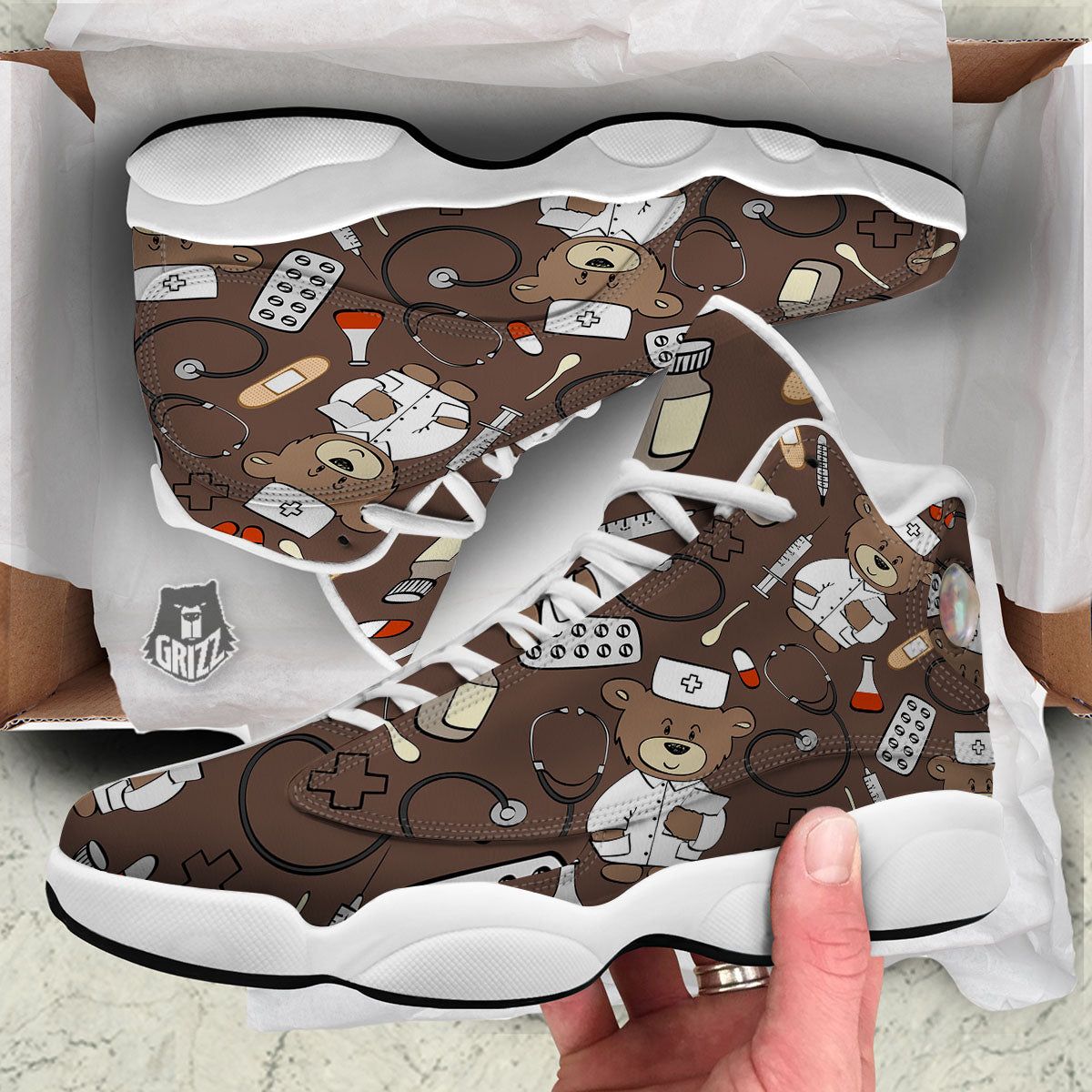 Brown Teddy Bear Nurse White Basketball Shoes-grizzshop