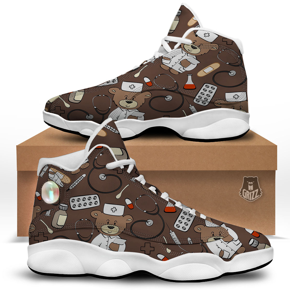 Brown Teddy Bear Nurse White Basketball Shoes-grizzshop