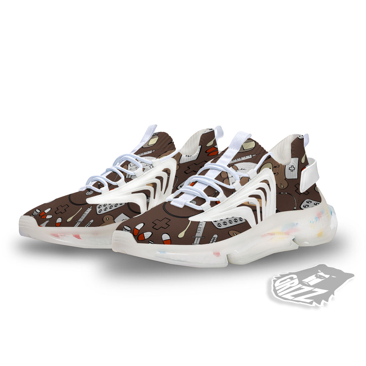Brown Teddy Bear Nurse White Gym Shoes-grizzshop