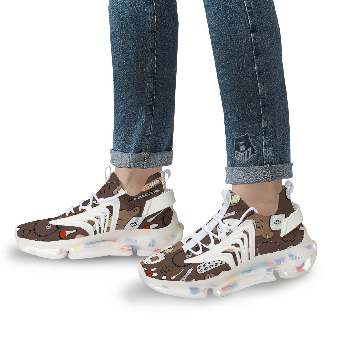 Brown Teddy Bear Nurse White Gym Shoes-grizzshop