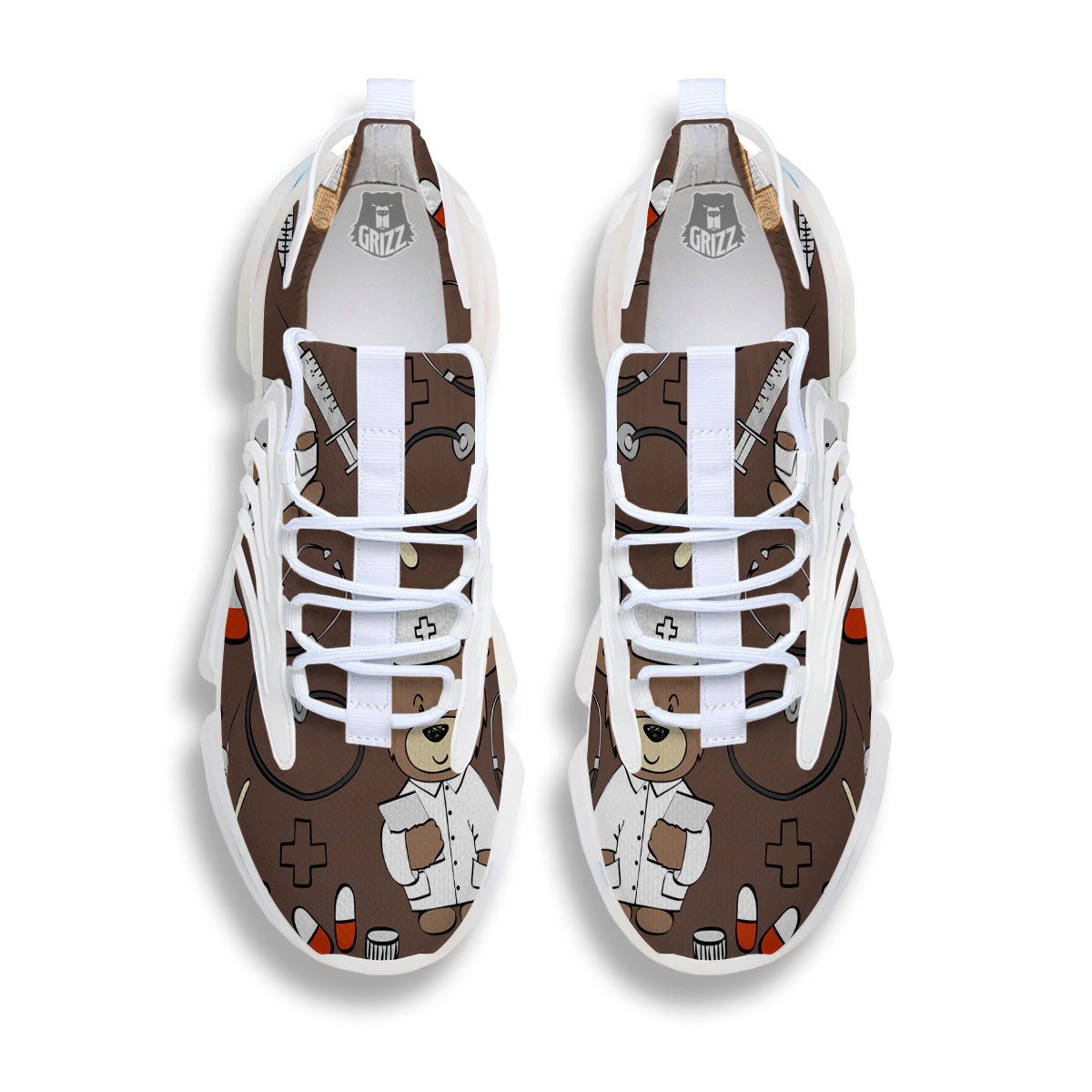 Brown Teddy Bear Nurse White Gym Shoes-grizzshop