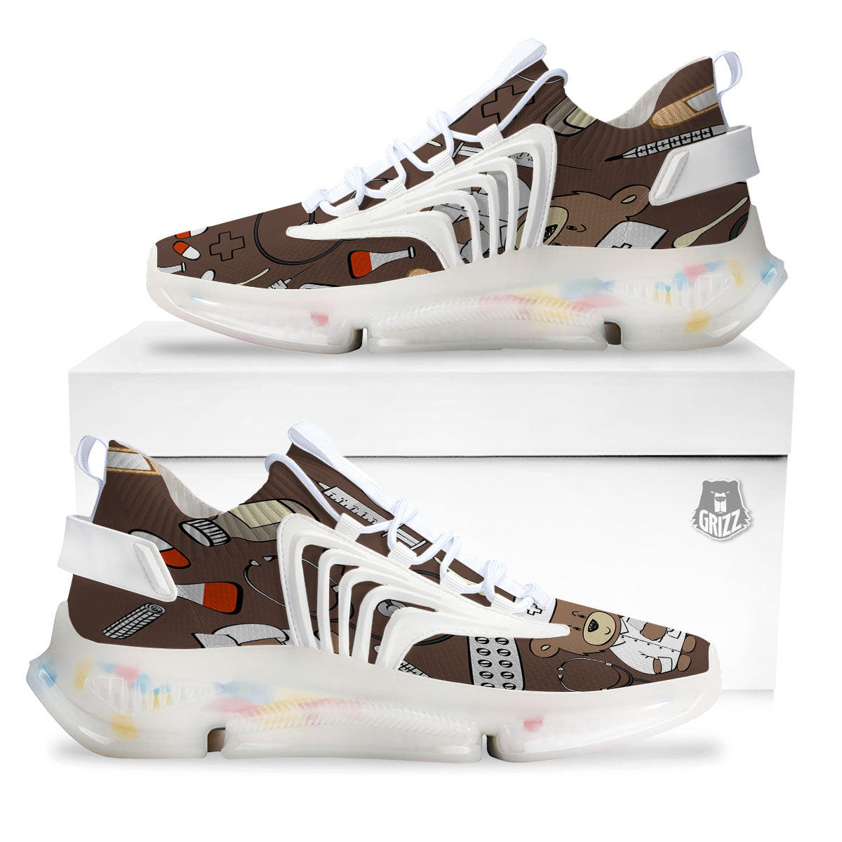 Brown Teddy Bear Nurse White Gym Shoes-grizzshop
