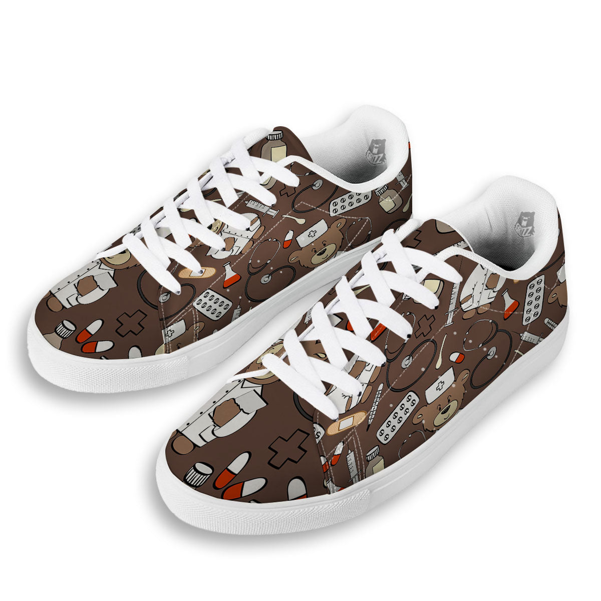 Brown Teddy Bear Nurse White Low Top Sneakers-grizzshop