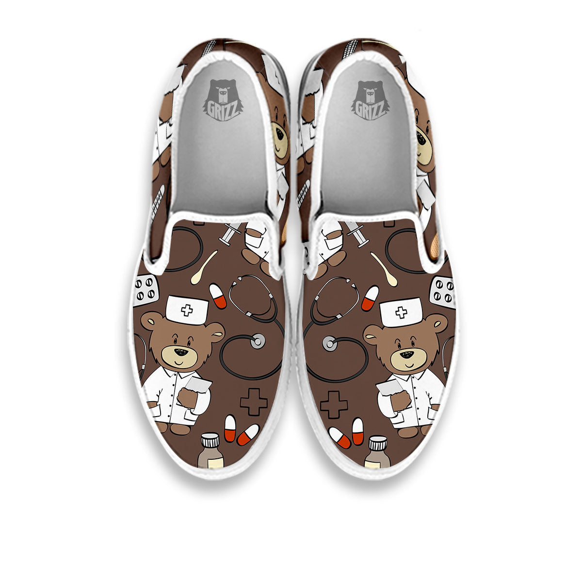 Brown Teddy Bear Nurse White Slip On Shoes-grizzshop