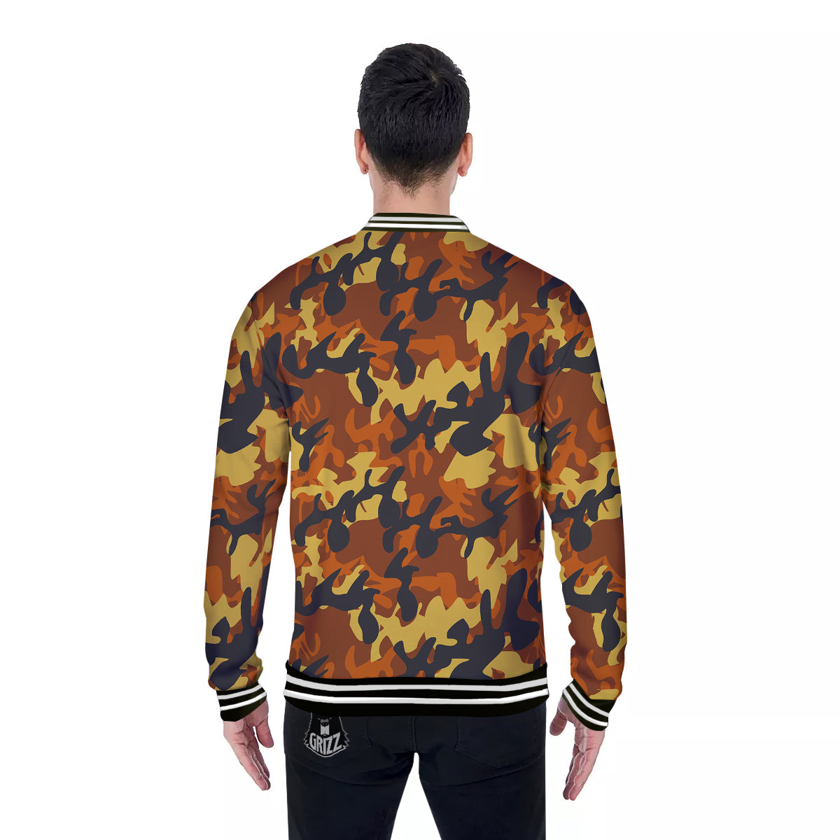 Brown Yellow And Black Camouflage Print Pattern Baseball Jacket-grizzshop