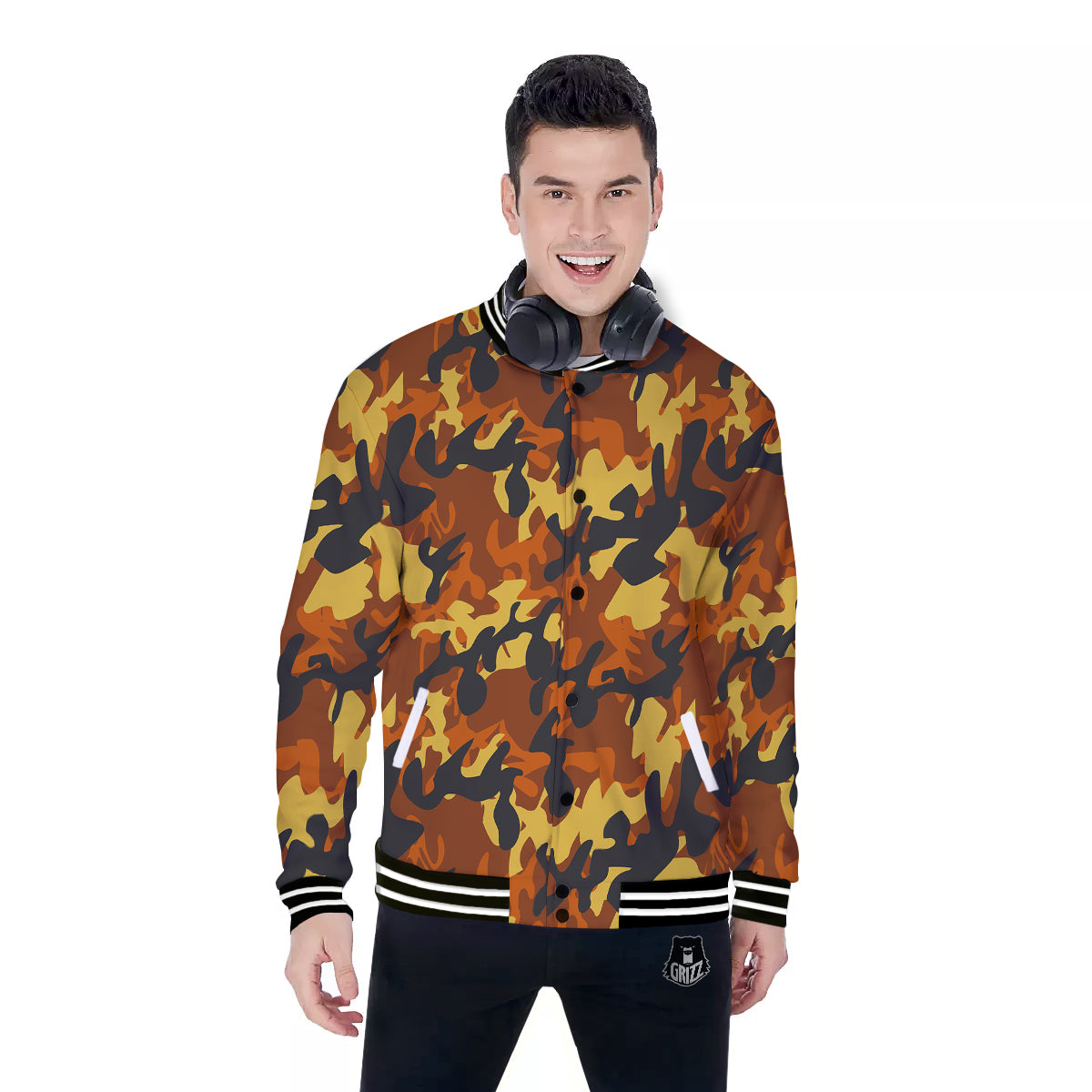 Brown Yellow And Black Camouflage Print Pattern Baseball Jacket-grizzshop