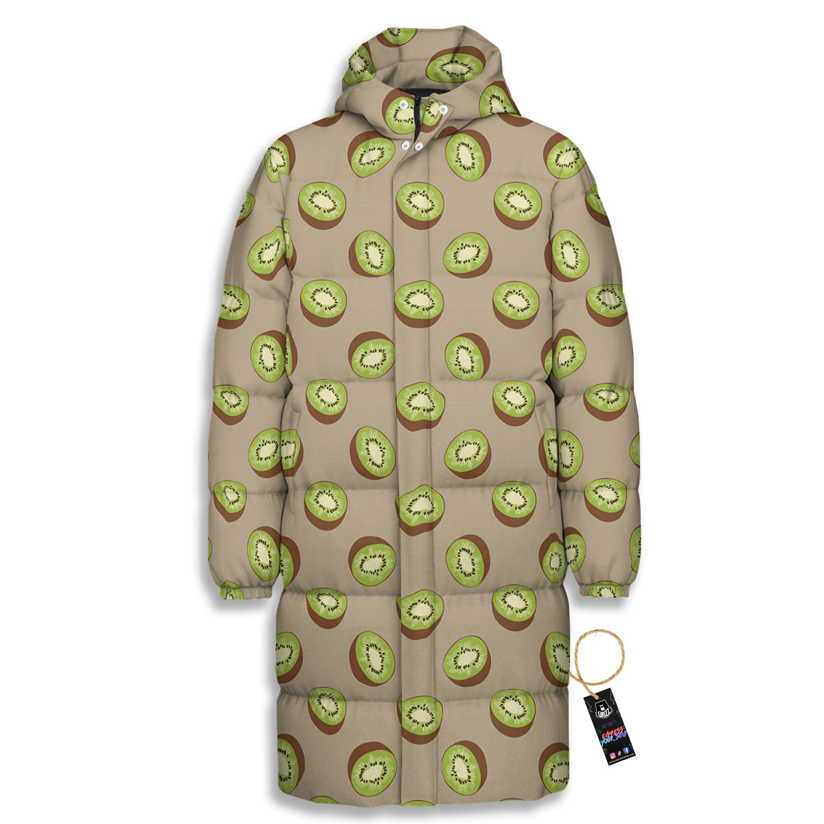 Brown And Kiwi Print Pattern Long Down Jacket