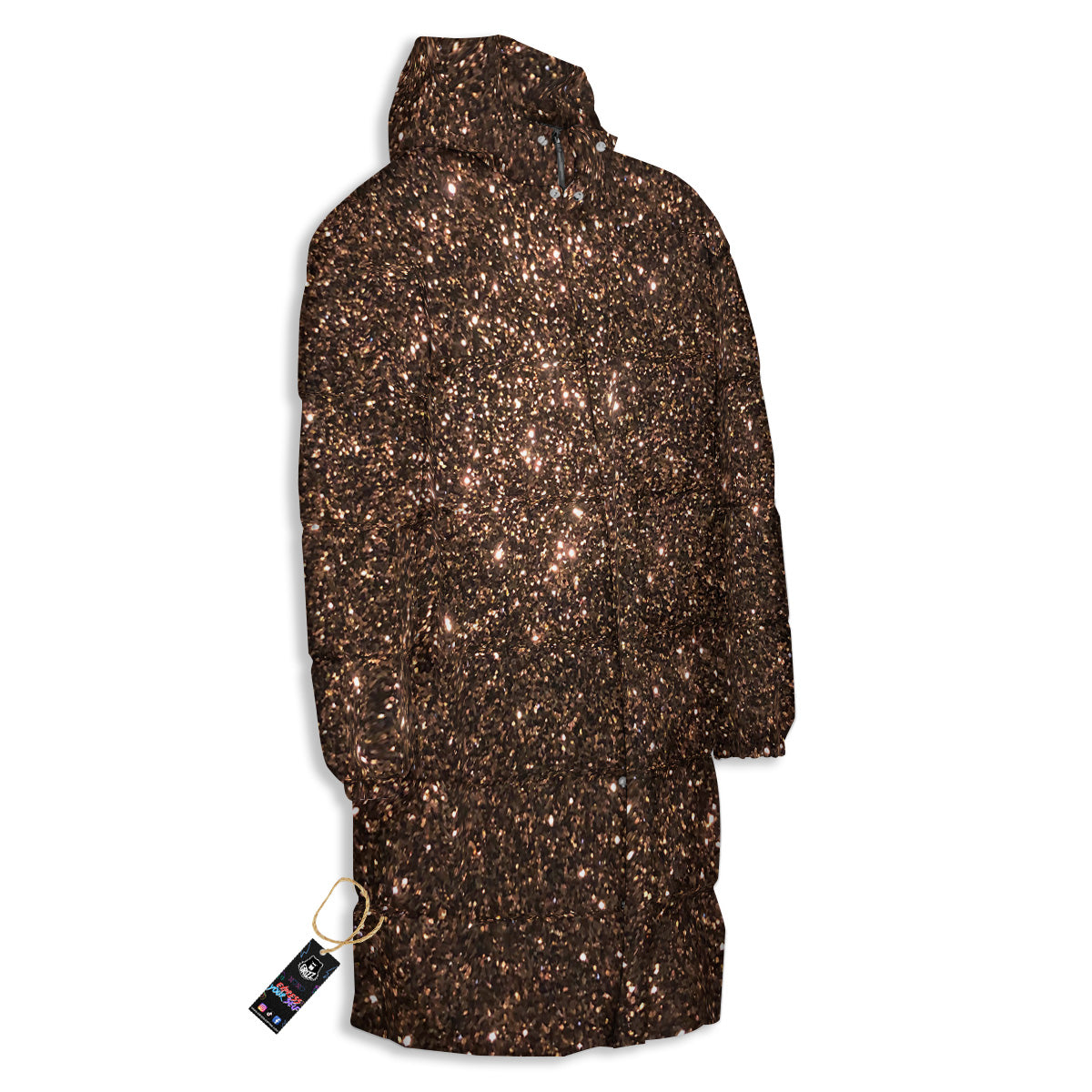 Brown Glitter Print Long Down Jacket