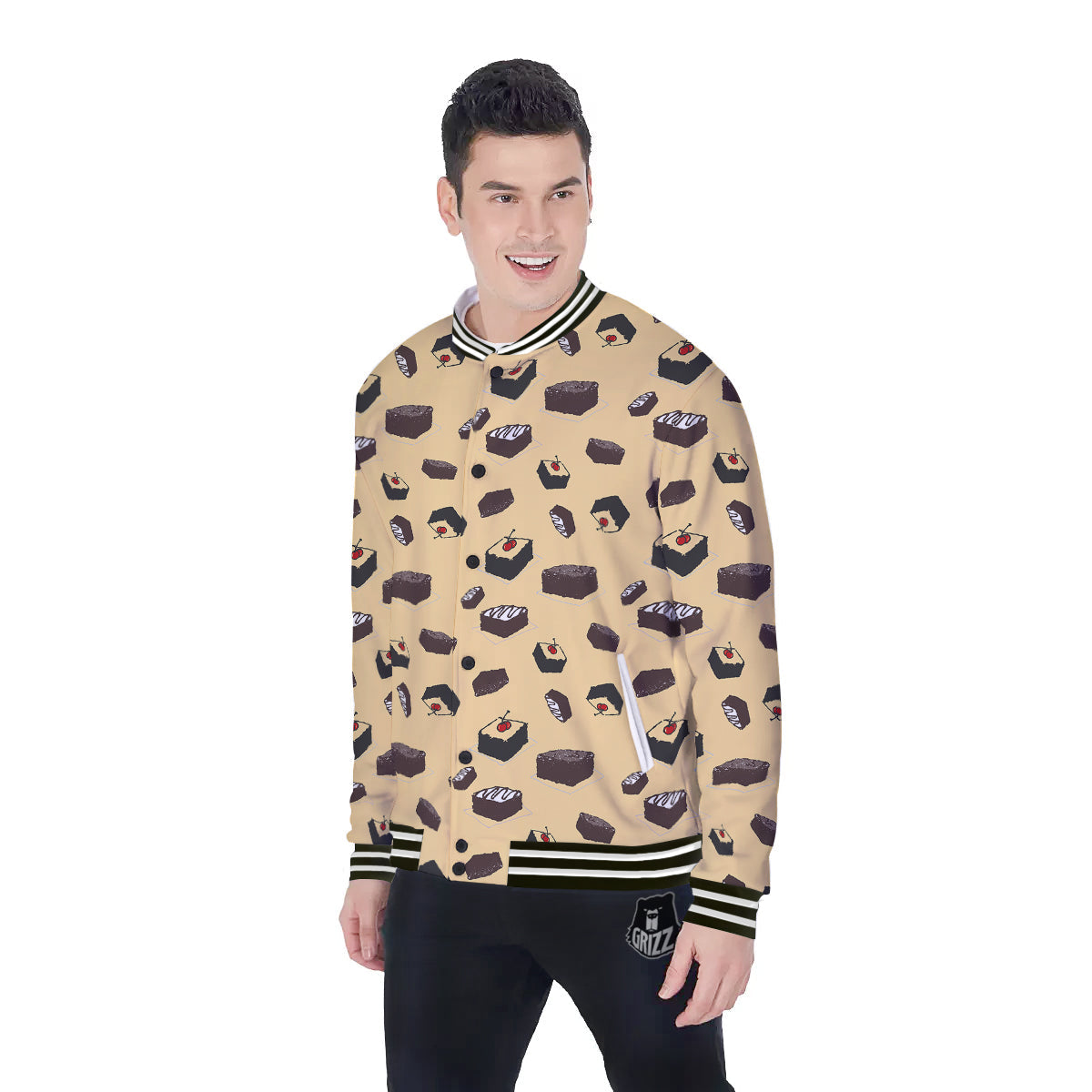 Brownie Beige Print Pattern Baseball Jacket-grizzshop