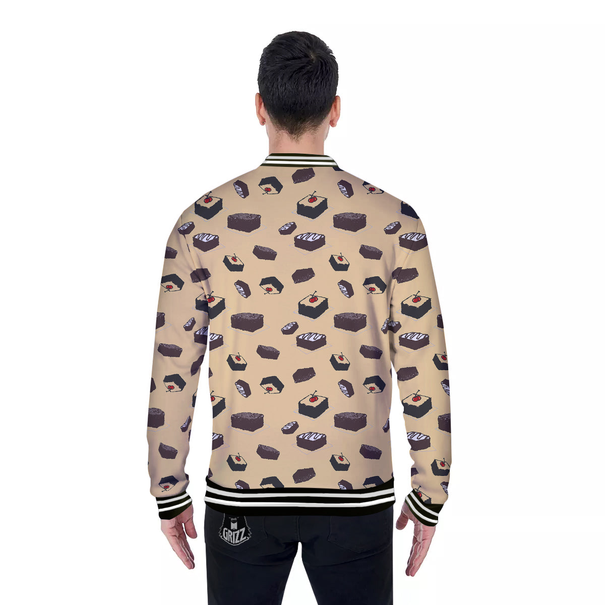 Brownie Beige Print Pattern Baseball Jacket-grizzshop