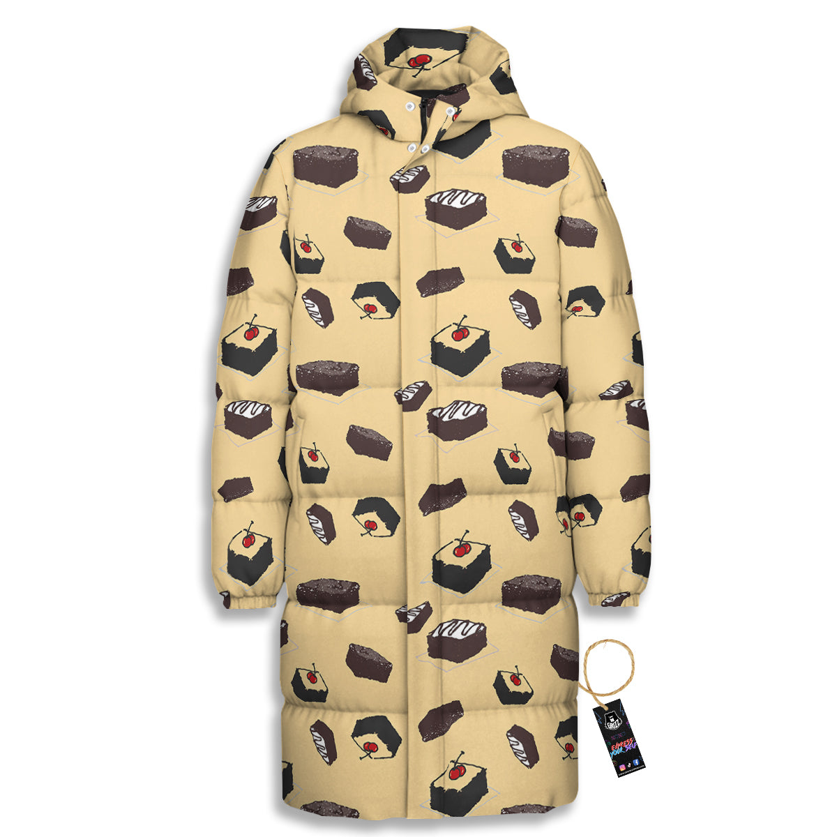 Brownie Beige Print Pattern Long Down Jacket-grizzshop