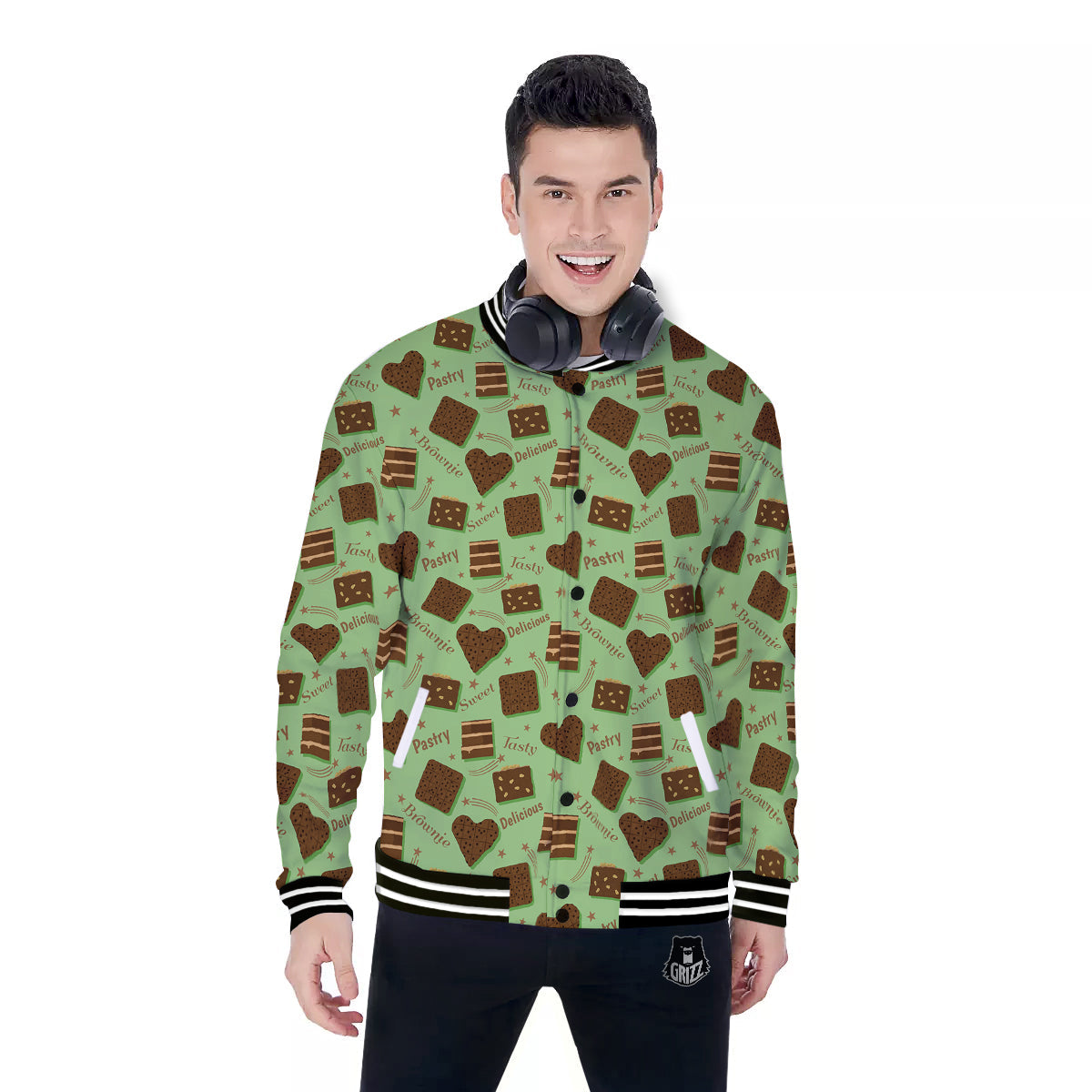 Brownie Delicious Print Pattern Baseball Jacket-grizzshop