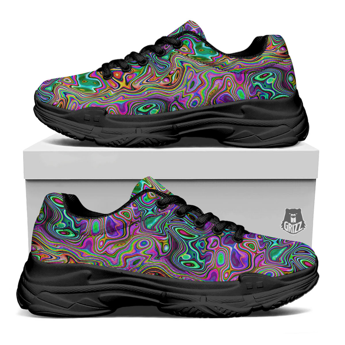 Bubble Psychedelic Print Pattern Black Chunky Shoes-grizzshop