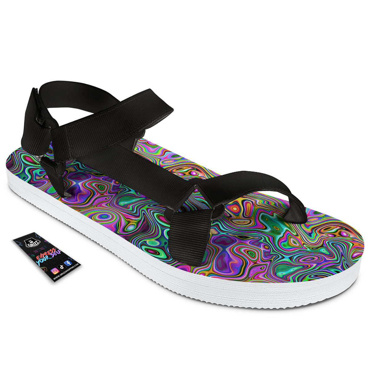 Bubble Psychedelic Print Pattern Black Open Toe Sandals-grizzshop