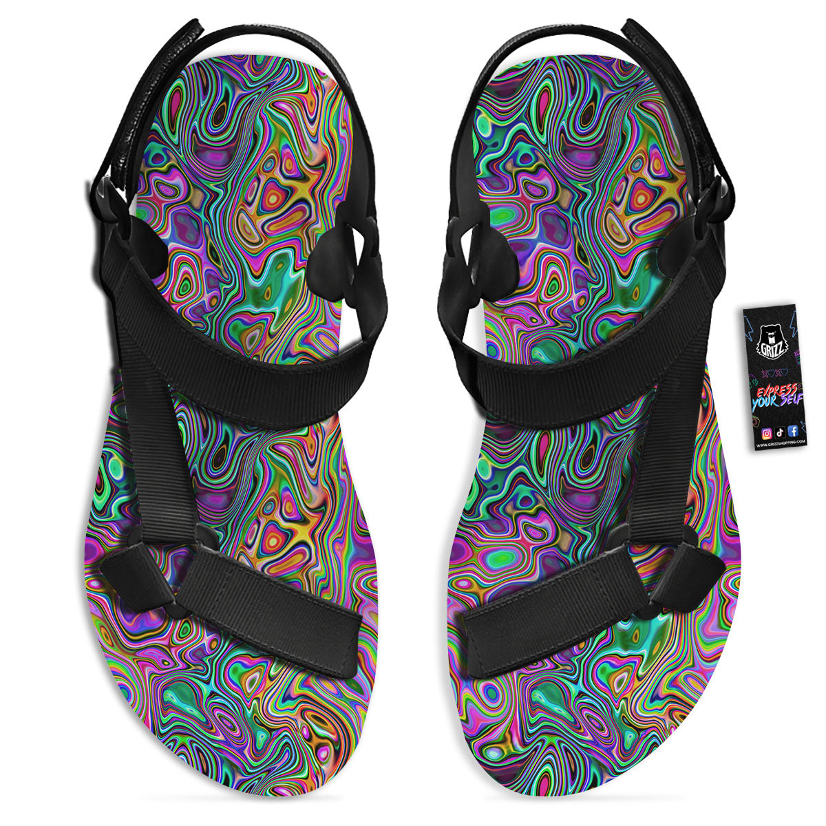 Bubble Psychedelic Print Pattern Black Open Toe Sandals-grizzshop
