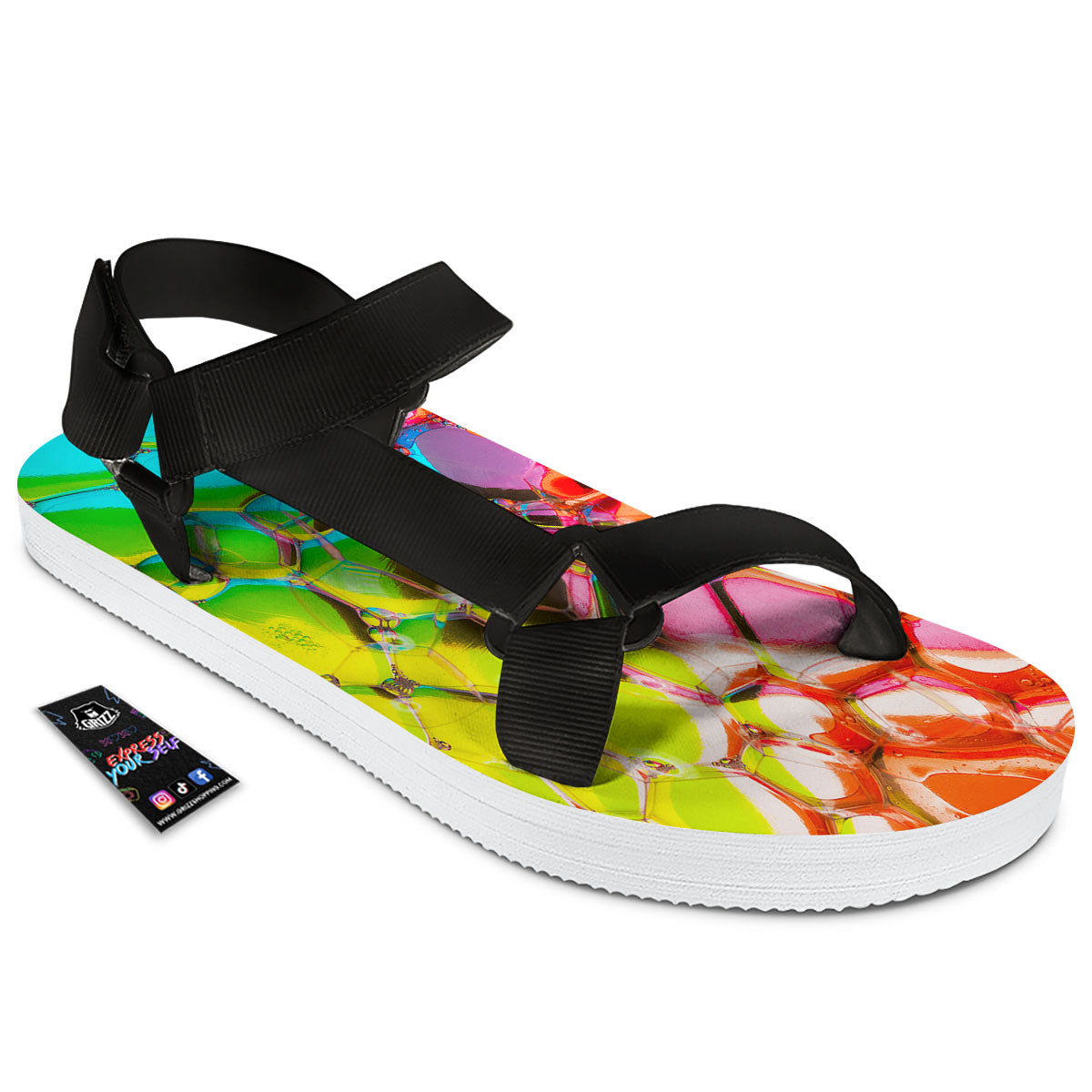 Bubble Soap Psychedelic Print Black Open Toe Sandals-grizzshop