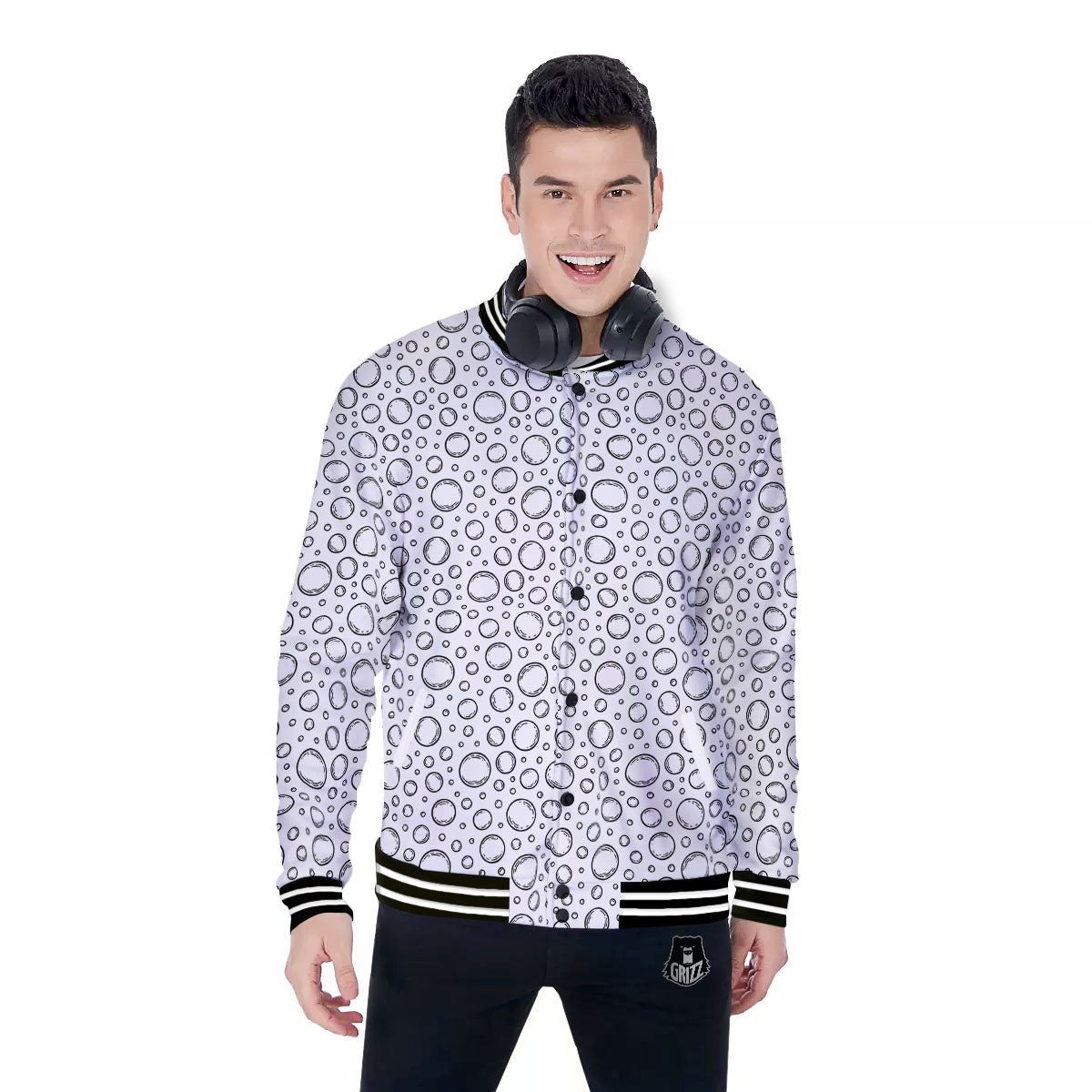 Bubble White And Black Print Pattern Baseball Jacket-grizzshop