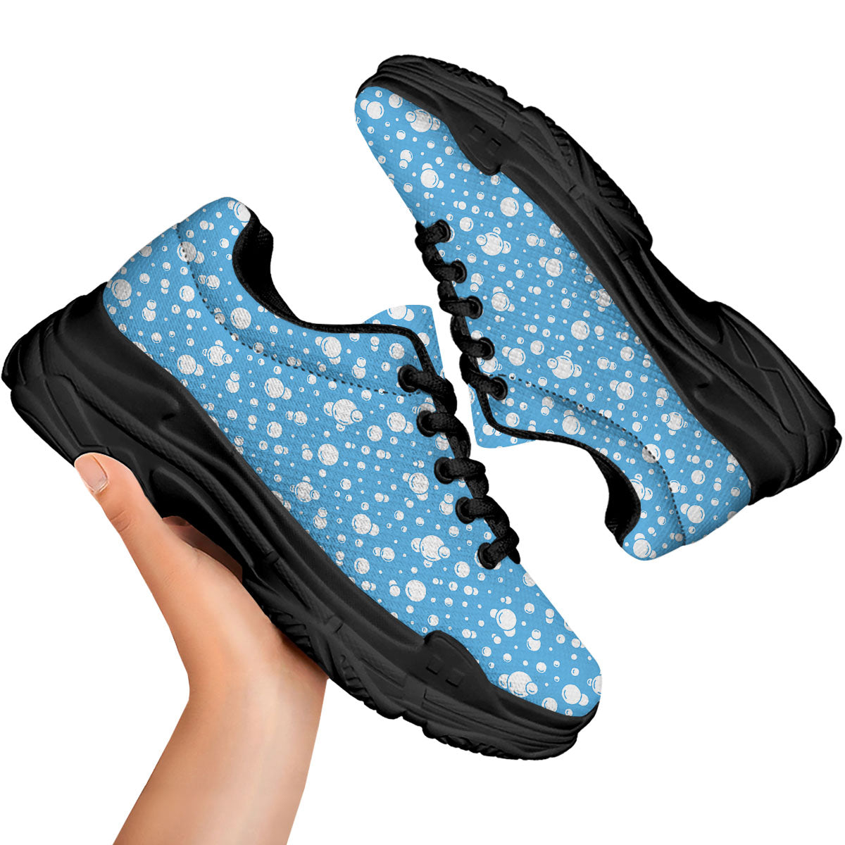 Bubble White And Blue Print Pattern Black Chunky Shoes-grizzshop
