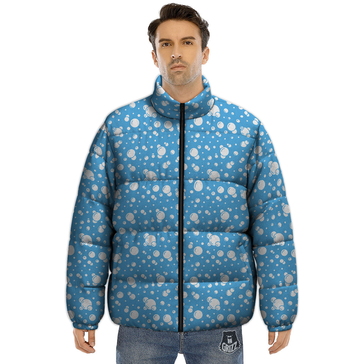 Bubble White And Blue Print Pattern Puffer Jacket-grizzshop