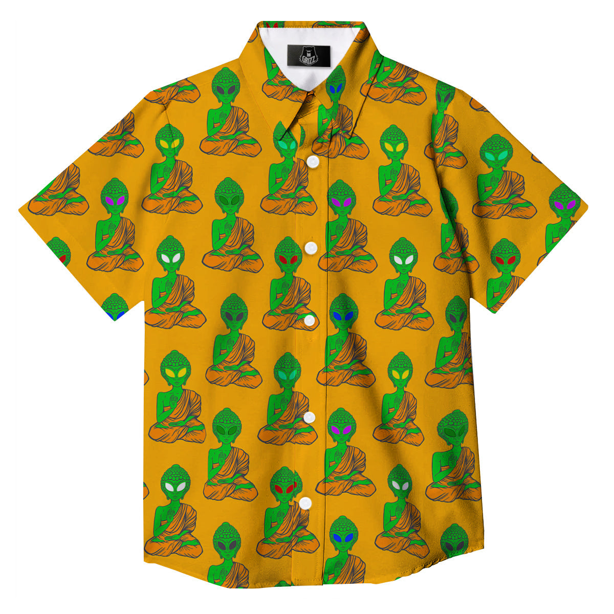 Buddha Alien Psychedelic Print Pattern Button Up Shirt-grizzshop
